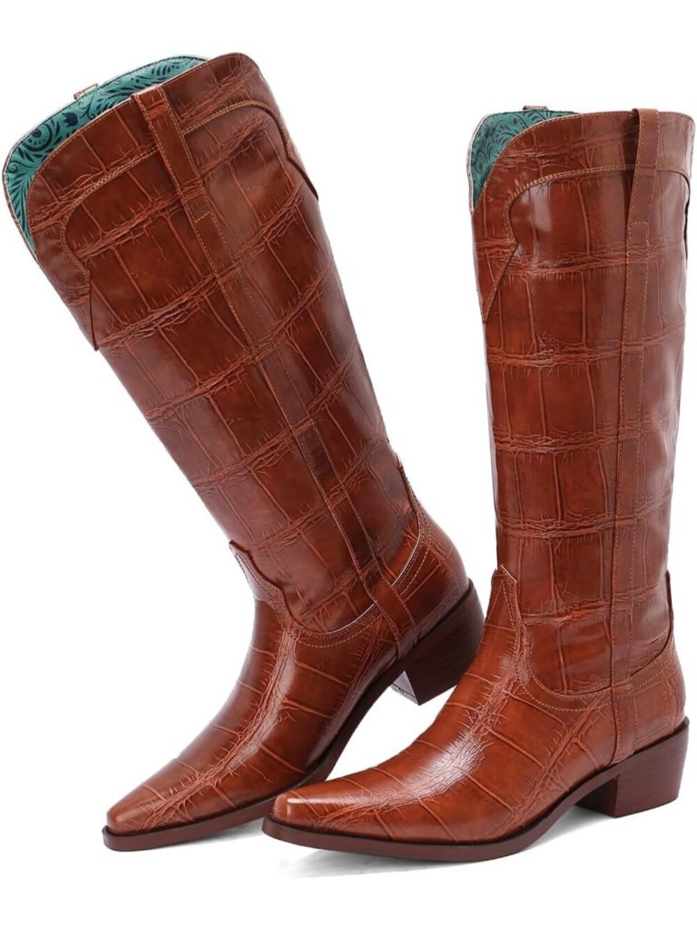 Women's Brown Knee High Cowgirl Boots Chunky Heel Western Tall Boots Casual